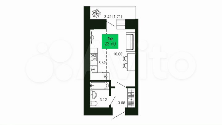 Квартира-студия, 23,6 м², 2/16 эт.