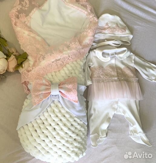 Конверт кружевной уголок на выписку, боди, плед