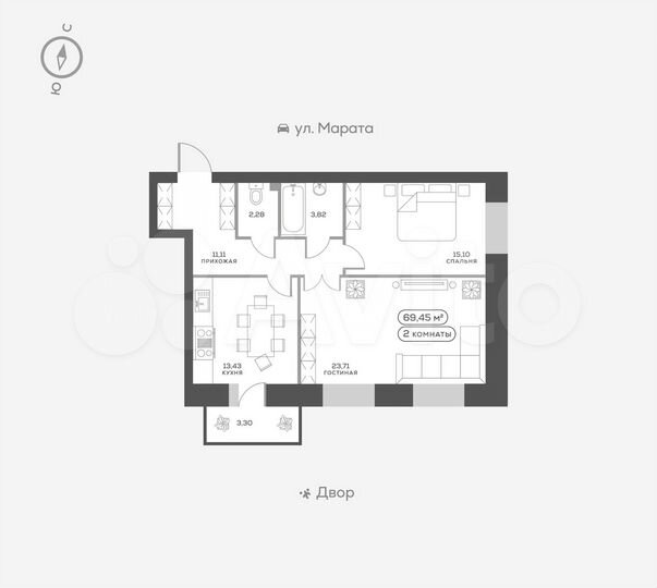2-к. квартира, 69,5 м², 6/15 эт.