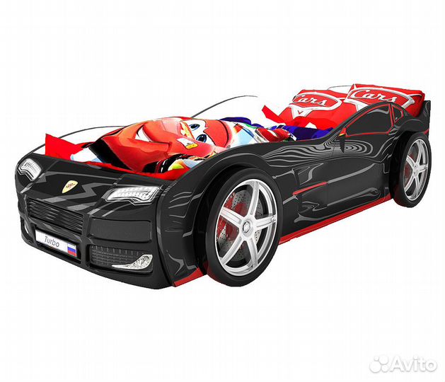 Кровать-машина Турбо Черная с колесами (2шт.)