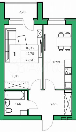 1-к. квартира, 42,8 м², 6/9 эт.