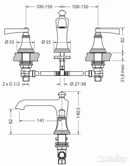 Смеситель для раковины Burlington Crosswater R-11-08-PC