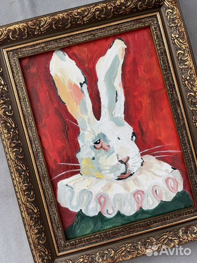 Картина маслом Белый кролик 20х15 холст