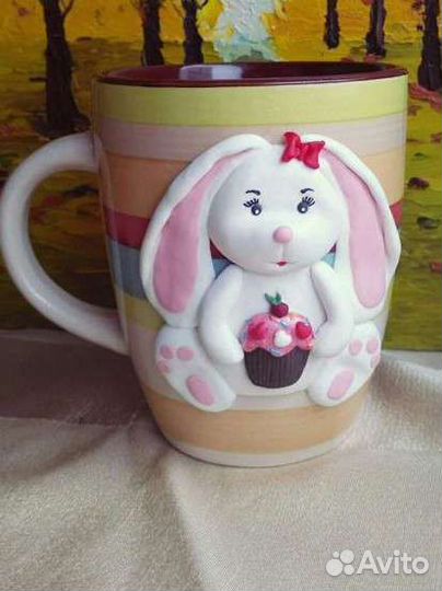 Кружка с декором Зайка. Ручная работа