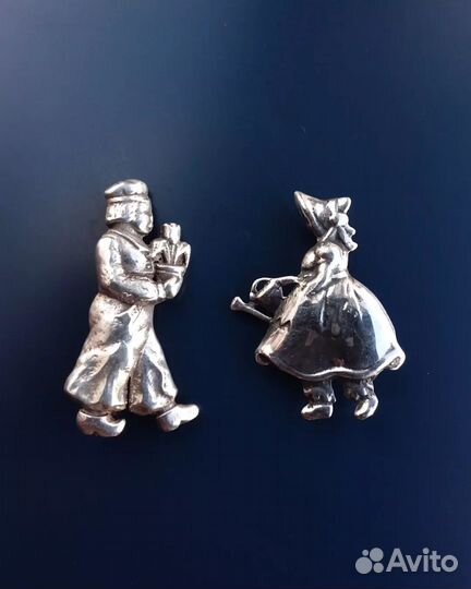 Парные броши Голландская пара серебро Sterling США