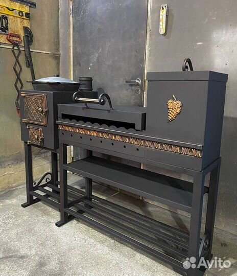 Мангал с печью под казан и коптильней