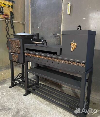 Мангал с печью под казан и коптильней