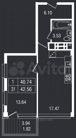 1-к. апартаменты, 42,6 м², 4/8 эт.
