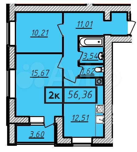 2-к. квартира, 56,4 м², 1/10 эт.