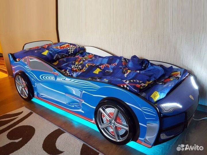 Детская кровать машина Турбо 2 синяя