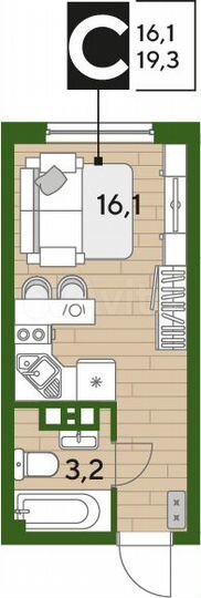 Квартира-студия, 19,3 м², 3/19 эт.