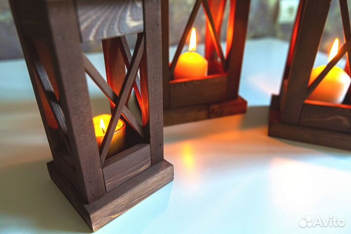 Деревянный фонарь подсвечник набор