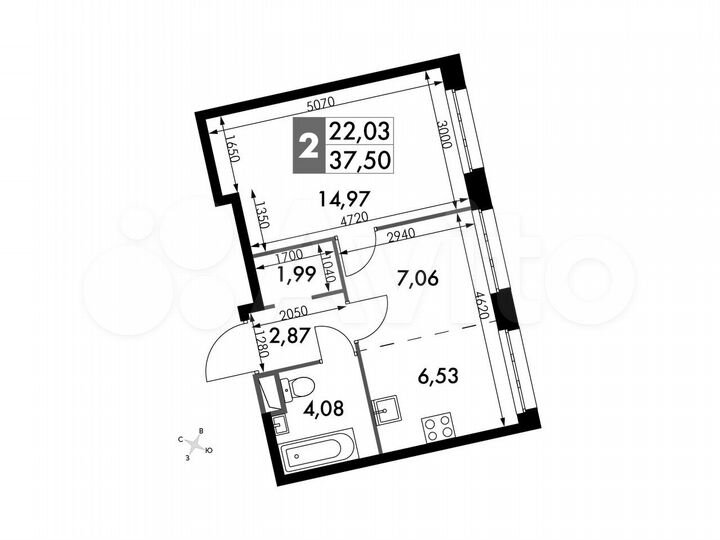 2-к. апартаменты, 37,5 м², 5/15 эт.