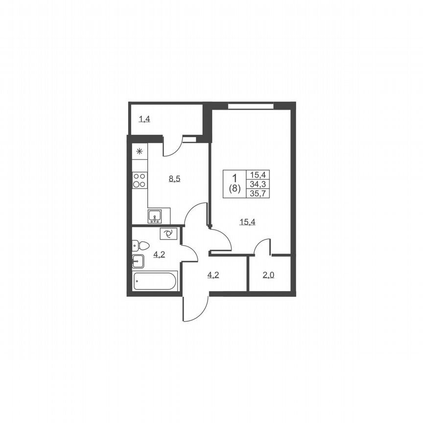 1-к. квартира, 35,7 м², 1/8 эт.