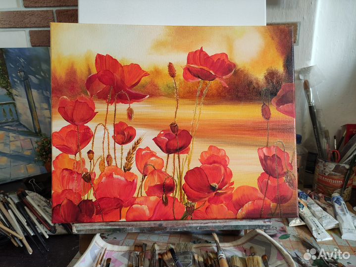 Картина маслом Маки пейзаж полевые цветы 40*50