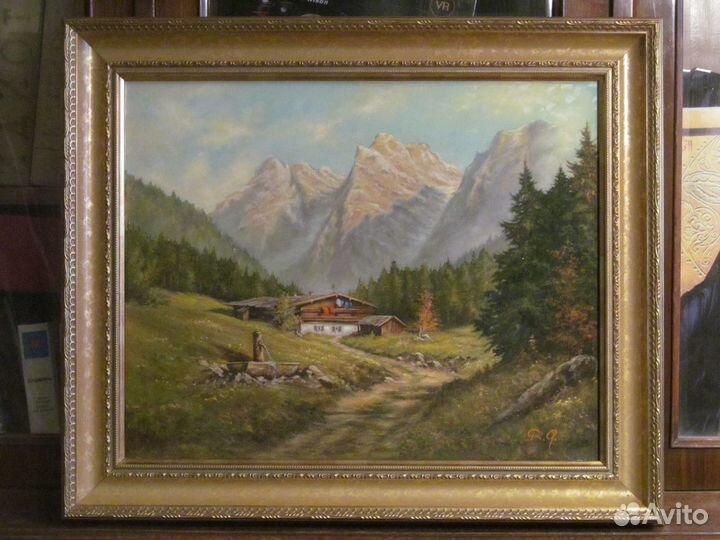 Альпийский пейзаж. Шале. Живопись. Винтаж