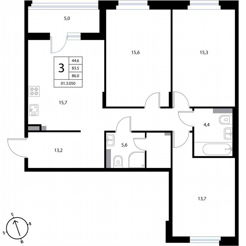 3-к. квартира, 86 м², 2/3 эт.