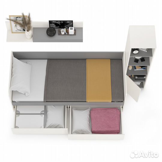 Мебель для детской комнаты с кроватью с ящиками Торонто № 23, цвет белый шагрень/стальной серый, шхг