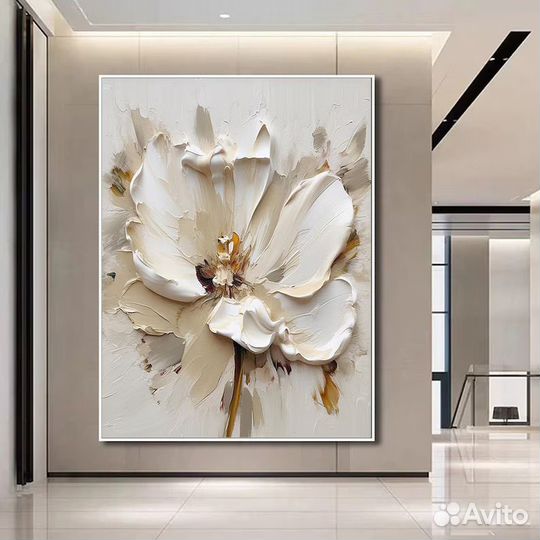 Текстурная 3D картина маслом с белыми цветами