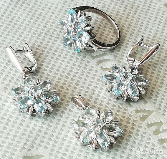 Серьги, кольцо 17,5, кулон топаз серебро С373