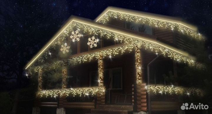 Украшение домов гирляндами, подсветка дома лентой