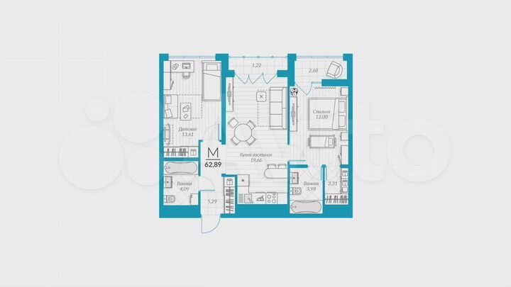 2-к. квартира, 62,9 м², 4/25 эт.