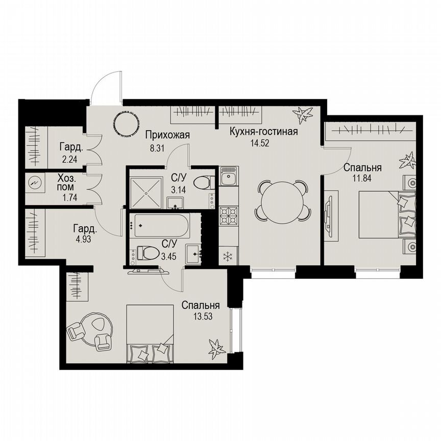 2-к. квартира, 63,7 м², 5/6 эт.