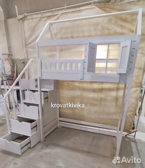 Детская Эко кровать чердак домик из массива