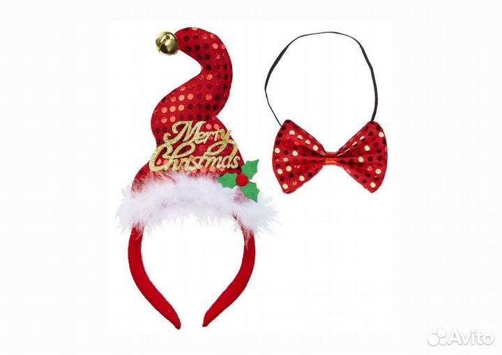 Ободок Санты блестящий с бабочкой красный