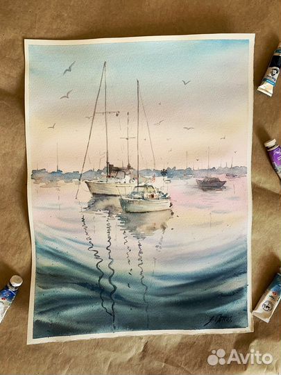 Картина акварель морской пейзаж лодки