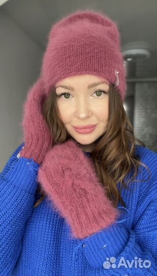 Шапка и варежки ангора ручная работа