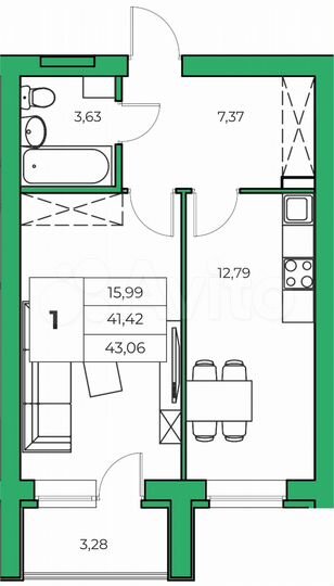 1-к. квартира, 41,4 м², 1/9 эт.