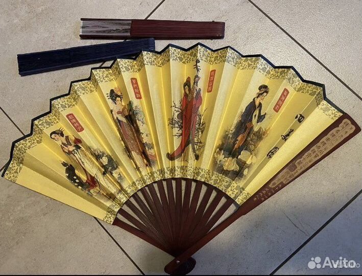 Веер китайский, дерево, бумага, шелк