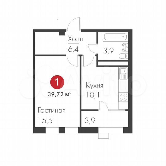 1-к. квартира, 39,7 м², 12/19 эт.