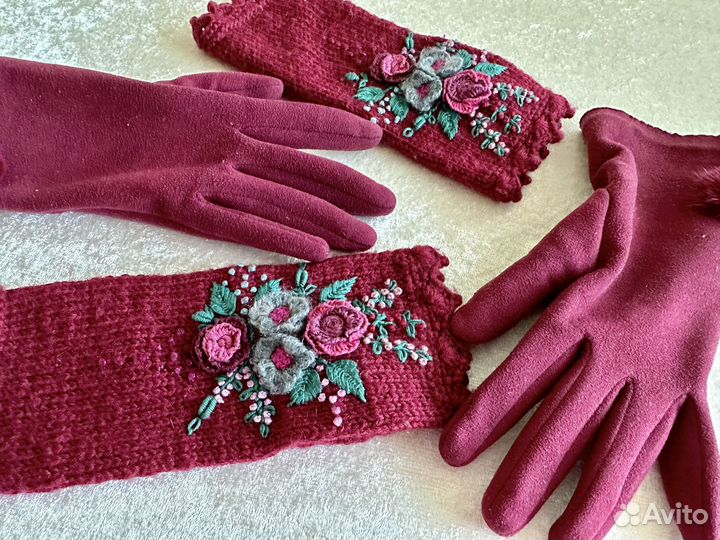 Митенки вязаные бохо перчатки теплые бордовые
