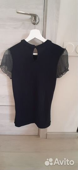 Блузка pin up жабо, синяя в горошек, р.46-48