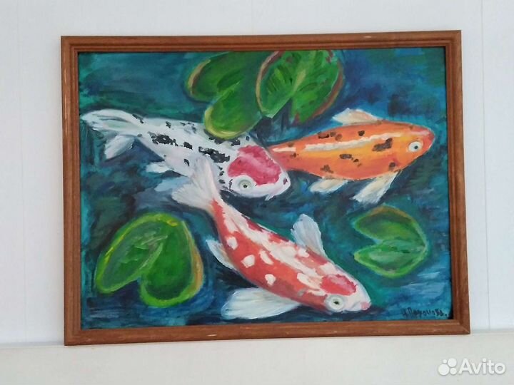 Картина с рыбами, холст на картоне, масло