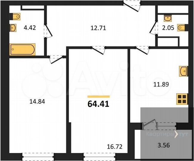 2-к. квартира, 64,4 м², 13/18 эт.