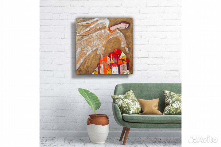 Картина Ангел городской пейзаж маслом 40х40 заказ