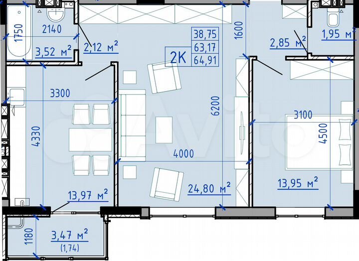 2-к. квартира, 64,4 м², 8/9 эт.