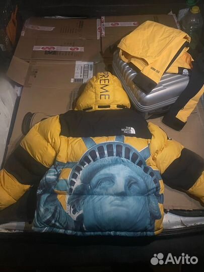 Пуховик Tnf x Supreme statue of liberty желтая