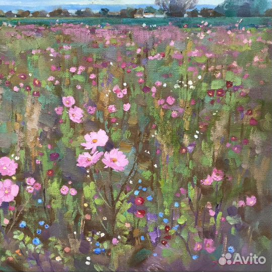 Картина маслом «В цветочном поле» пейзаж, цветы