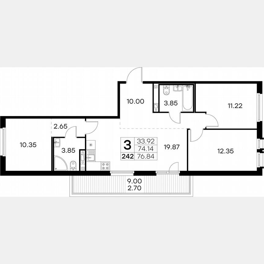 3-к. квартира, 76,8 м², 12/15 эт.