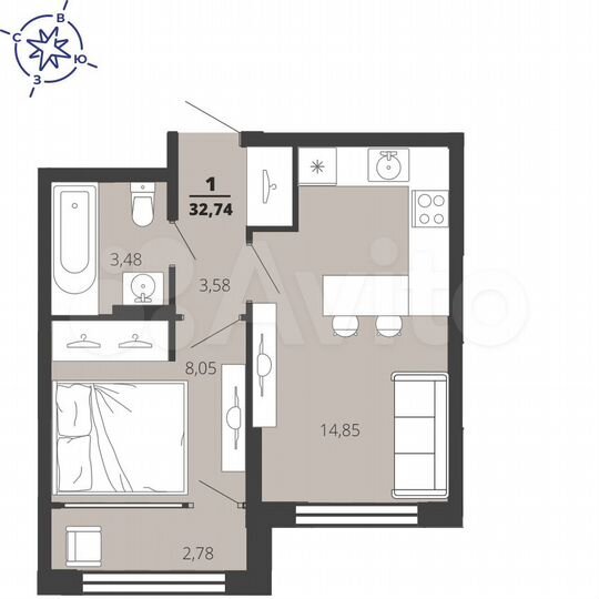 1-к. квартира, 32,7 м², 2/22 эт.
