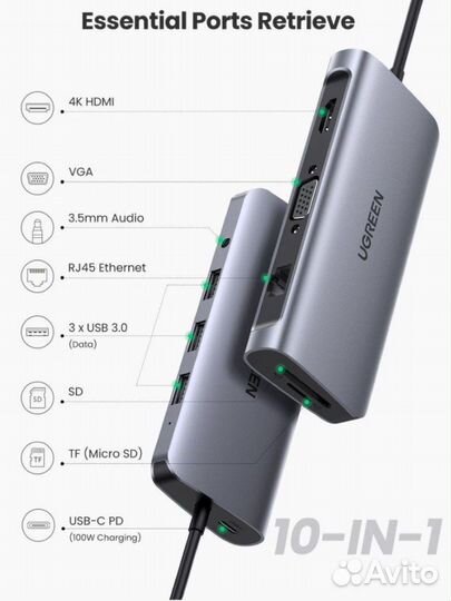 USB хаб ugreen 80133 hdmi, VGA, RJ45