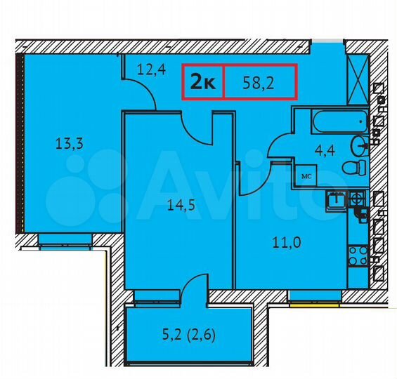 2-к. квартира, 58,2 м², 5/9 эт.