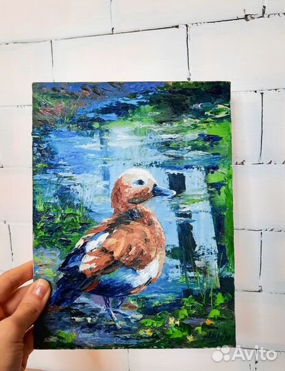 Картина маслом Пейзаж озеро пруд Этюд утка птица
