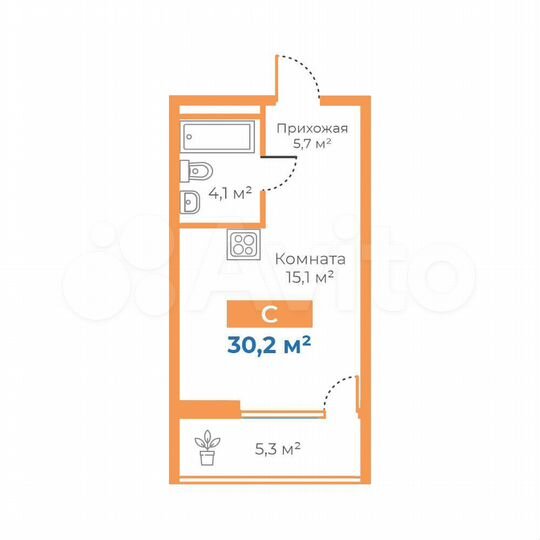 Квартира-студия, 29,8 м², 2/15 эт.