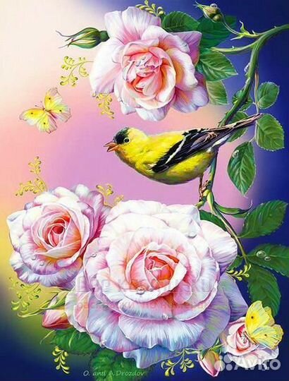 Алмазная мозаика 40x50 Птичка, бабочки и розы