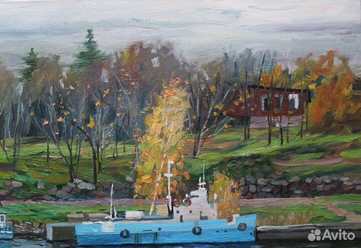 Картина маслом морской пейзажи лодки причал осень